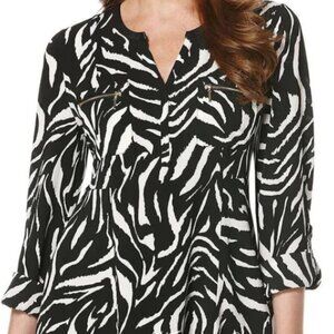 NWOT Rafaella Zebra Print Long Sleeve Blouse w/ Zipper Pockets Women's Medium